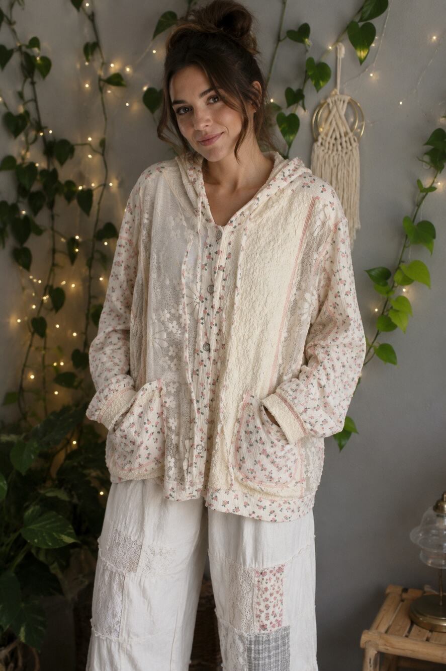 POL Floral Patchwork Hooded Jacket | Cottagecore Shacket | Oversized Large